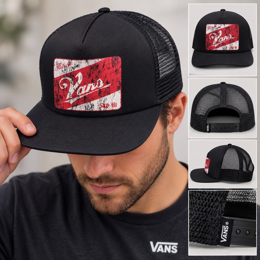 Vans Sk8-Hi Trucker Hat Black Mesh Snapback Distressed Logo Cap